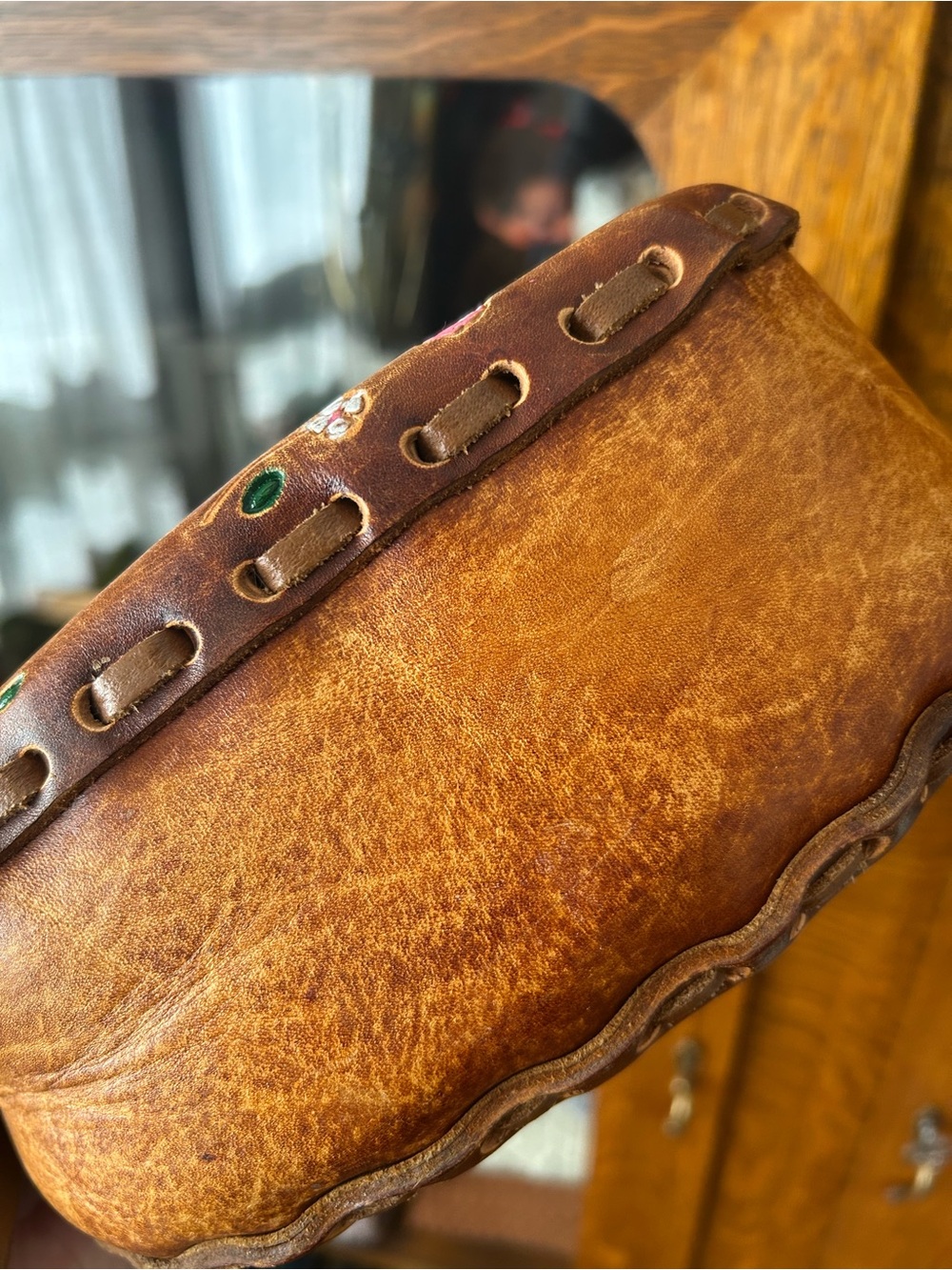 Vintage Hand-Tooled Floral Leather Shoulder Bag - Brown with PaintedPink Accents - Picture 7 of 12